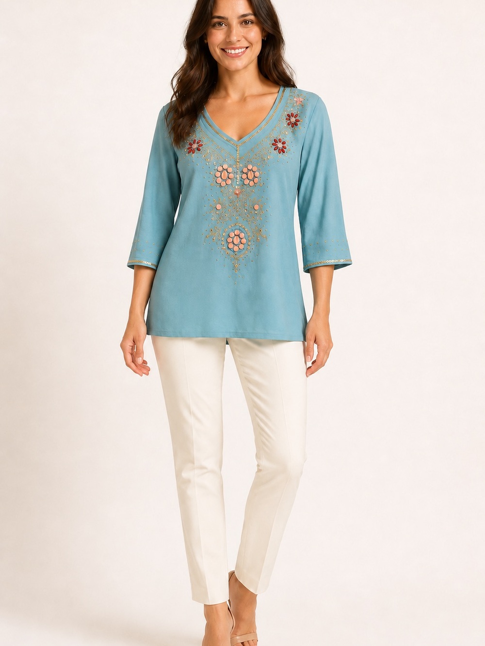 Berek Teal Embroidered Sequins Embellished V-Neck Tunic XL